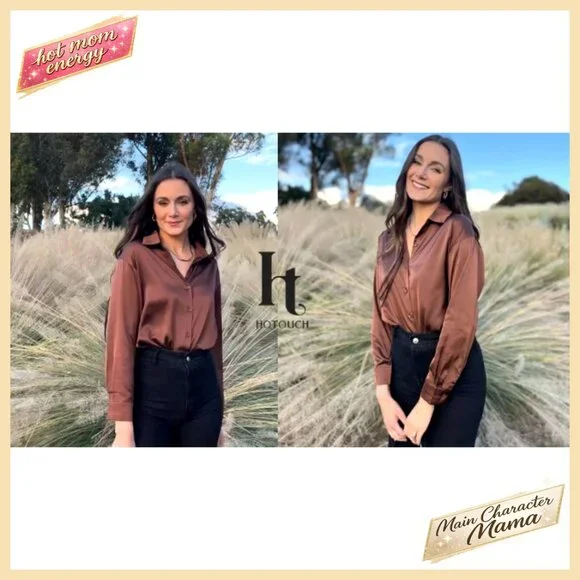 Satin Button Down Shirt Long Sleeve V Neck Blouse Business Casual Tunic